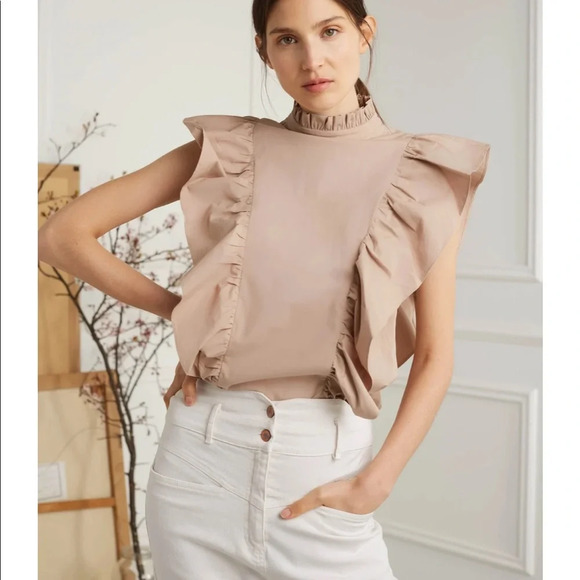 Dèluc Sarah top with statement ruffle sleeves in tan. Size L - Picture 1 of 8